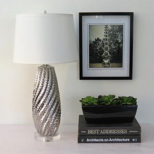 Mercury Glazed Retro Inspired Ceramic Table Lamp, Unique Design, Lucite Base
